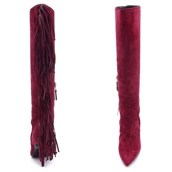 $750 Brian Atwood Suede Fringe Knee-High Heel Boots Wine Maroon 7.5 - Picture 2 of 9